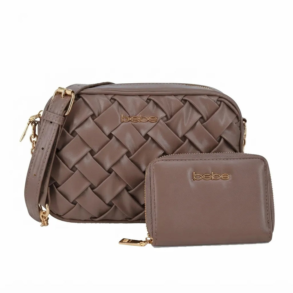 A brown woven leather crossbody bag with a matching zip-around wallet, both featuring gold-tone hardware and the 'bebe' logo, set against a plain white background.