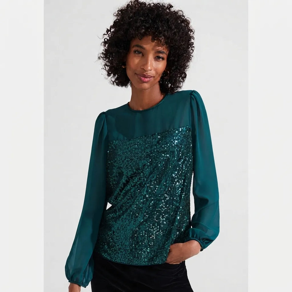 Vince Camuto Women's Dark Green Sequined Crew Neck Blouse