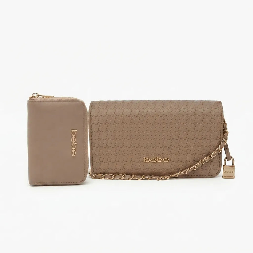 A beige textured leather wallet set by Bebe, featuring a zip-around wallet and a matching crossbody clutch with a gold chain strap and padlock detail, displayed on a clean white background.