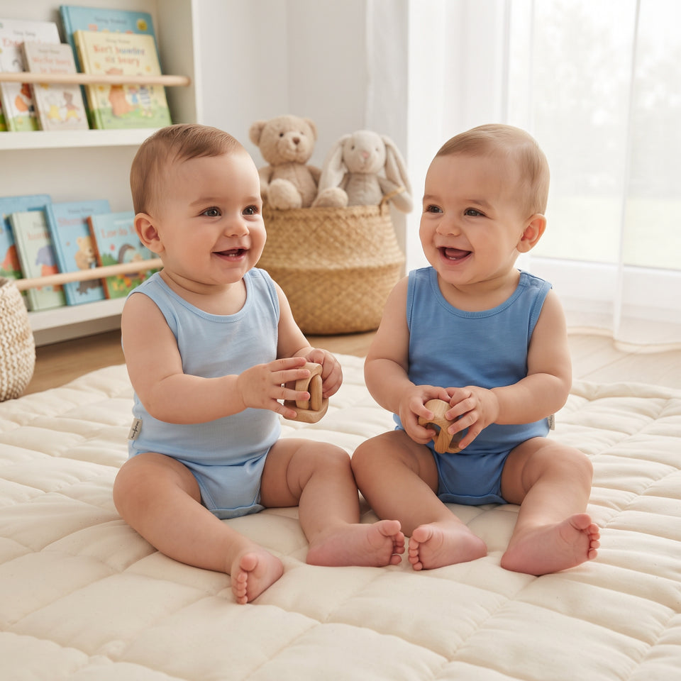 Two smiling babies sitting on a cream quilted blanket in a bright nursery, wearing matching light blue sleeveless bodysuits and holding wooden toys. A bookshelf and stuffed animals are visible in the background.