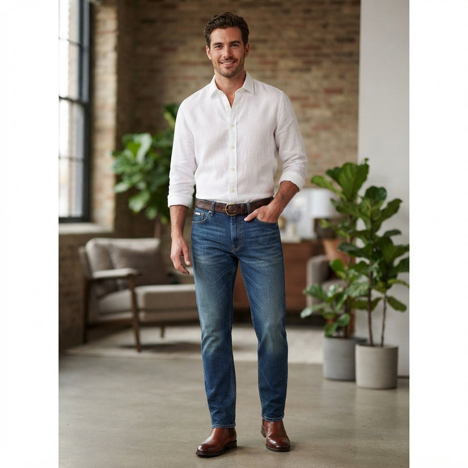 A man wearing a white linen button-down shirt, blue jeans, and brown leather boots stands in a modern loft-style room with a brick wall and potted plants.