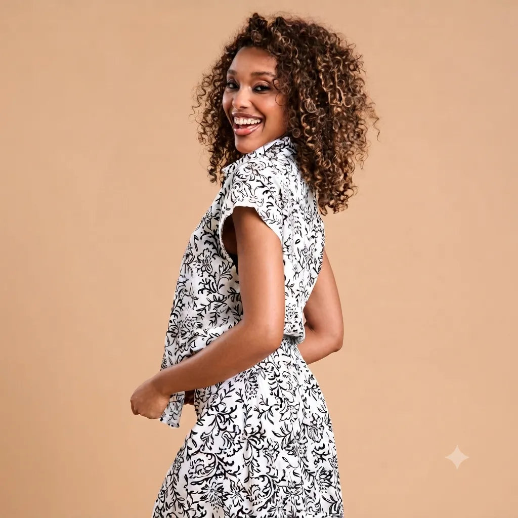 Sinsay Women's White & Black Floral Print Sleeveless Shirt