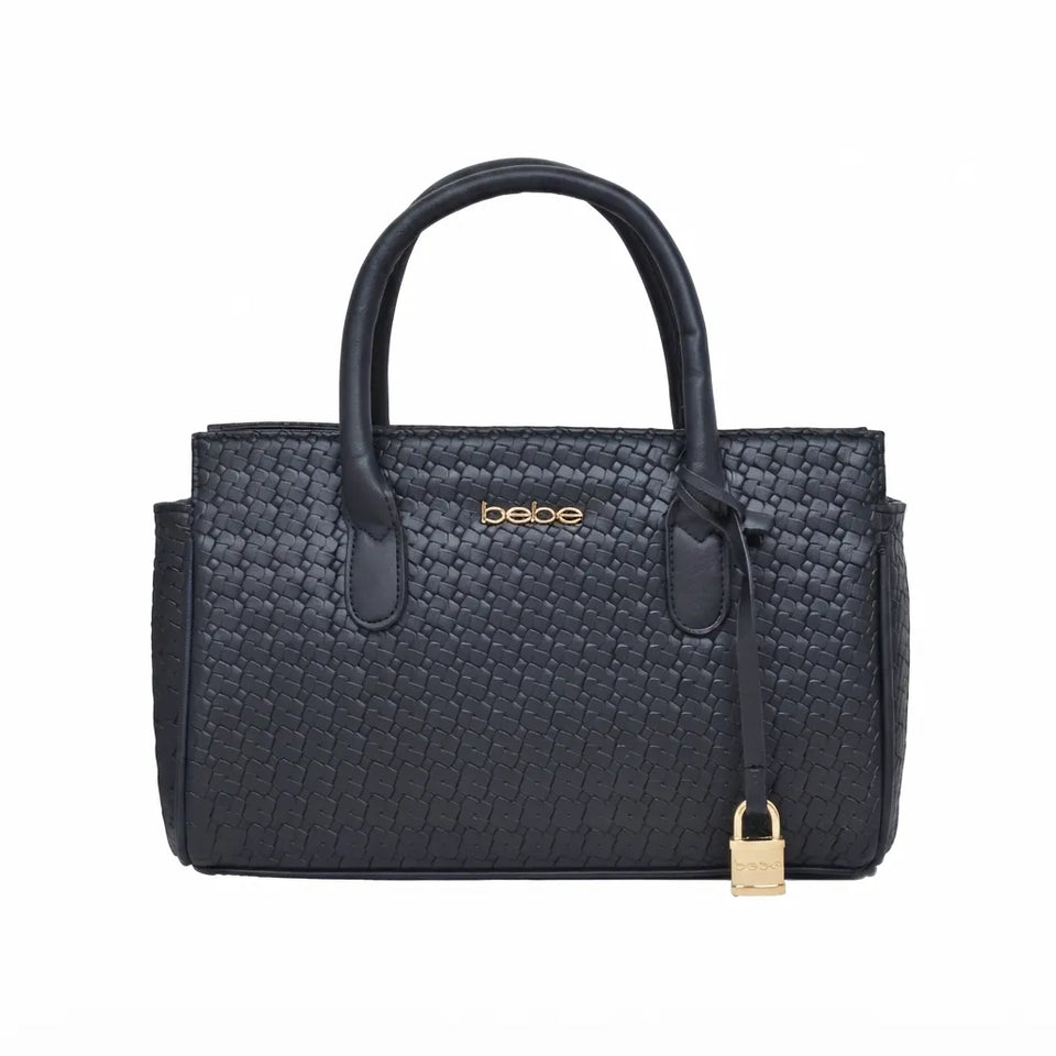 A black woven leather handbag with top handles, a front zipper, a hanging keychain with a gold padlock, and the brand name 'bebe' in gold on the front, shown against a plain white background.