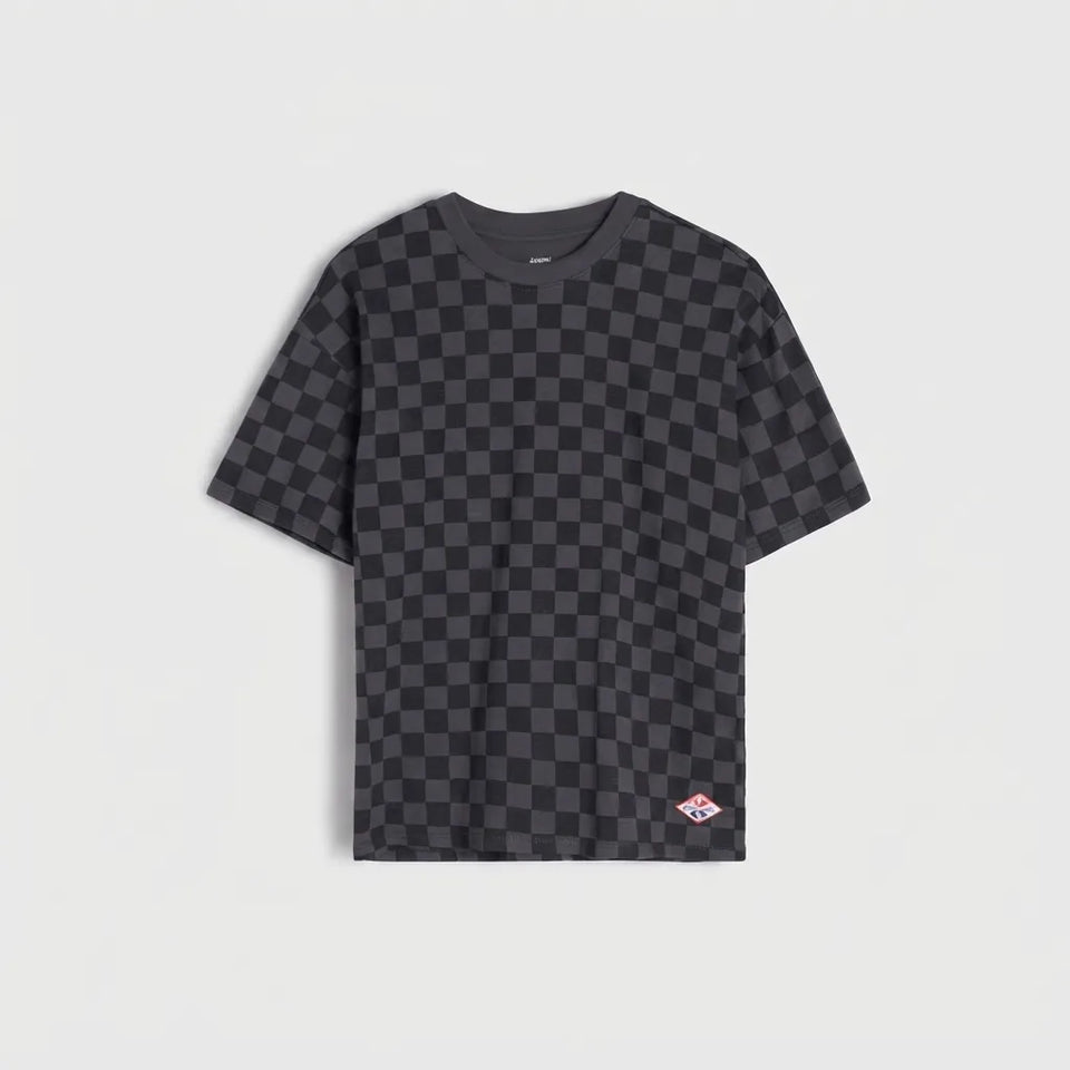 Navy blue t-shirt on a light gray background