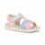A children's open-toe sandal with pastel pink straps, a mint green hook-and-loop strap, a light blue strap, and a cream-colored sole, shown on a white background.