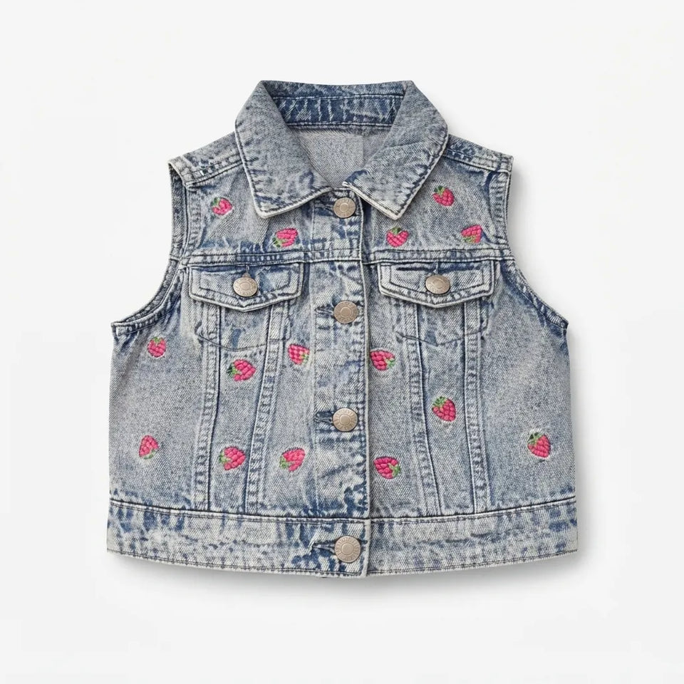 A light blue denim vest with embroidered strawberry details, shown flat against a white background.