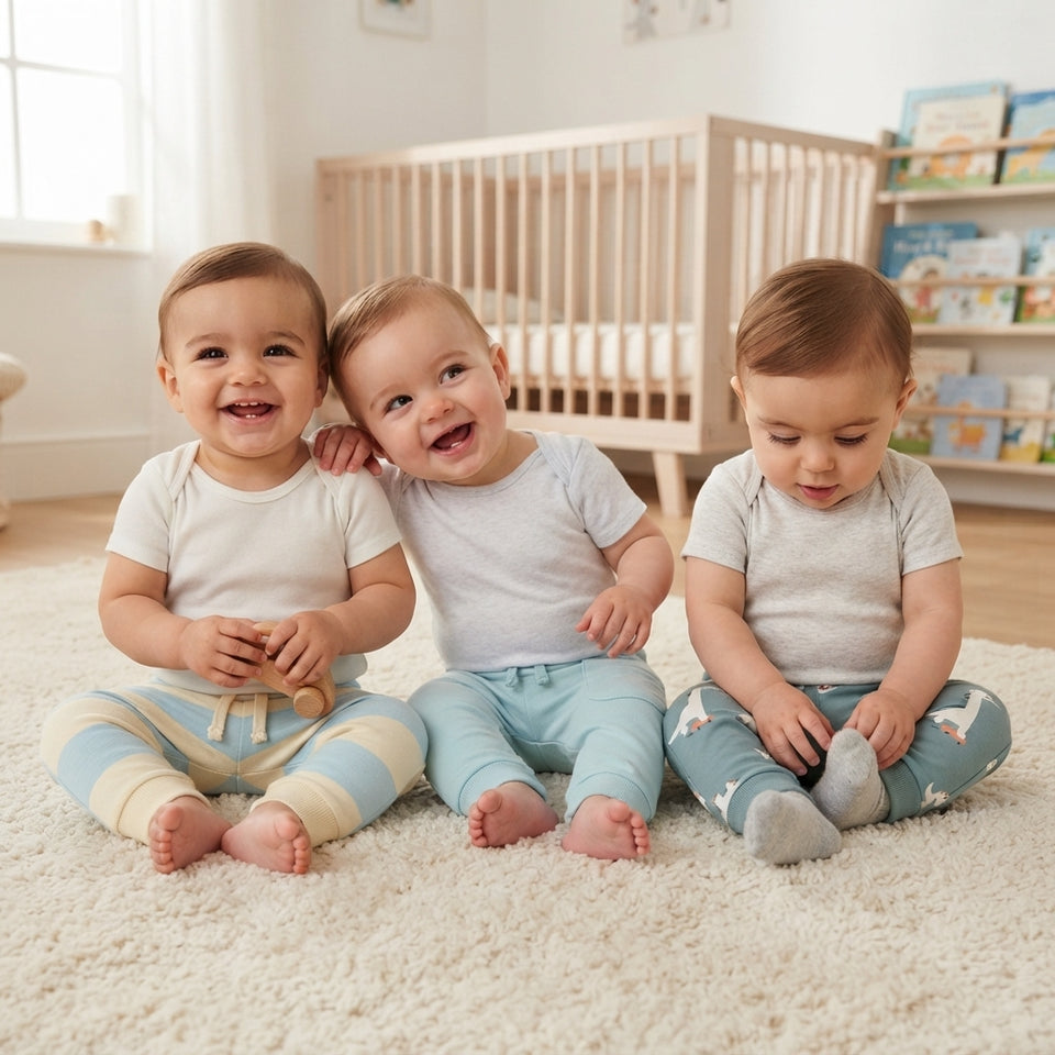 Three smiling babies sitting together on a white shag rug in a bright nursery. They are wearing matching light gray t-shirts and different pastel-colored pants: one in cream and blue striped pants, one in light blue pants, and one in gray and white patterned pants.