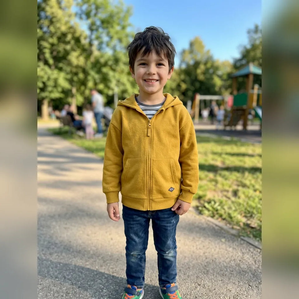 A young boy smiling in a yellow zip-up fleece hoodie, blue jeans, and colorful sneakers, standing on a paved path in a sunny park with playground equipment blurred in the background.