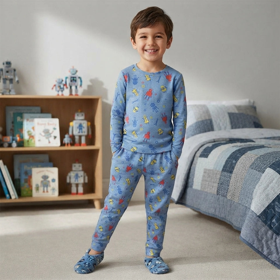 A young boy smiling while wearing a light blue long-sleeve pajama set with a colorful robot pattern, standing in a child's bedroom next to a bed and toy shelf.