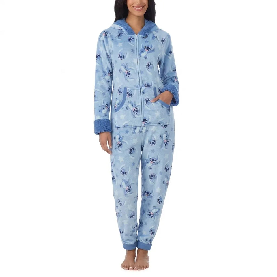 Disney Stitch Women's Blue Hooded One-Piece Pajama