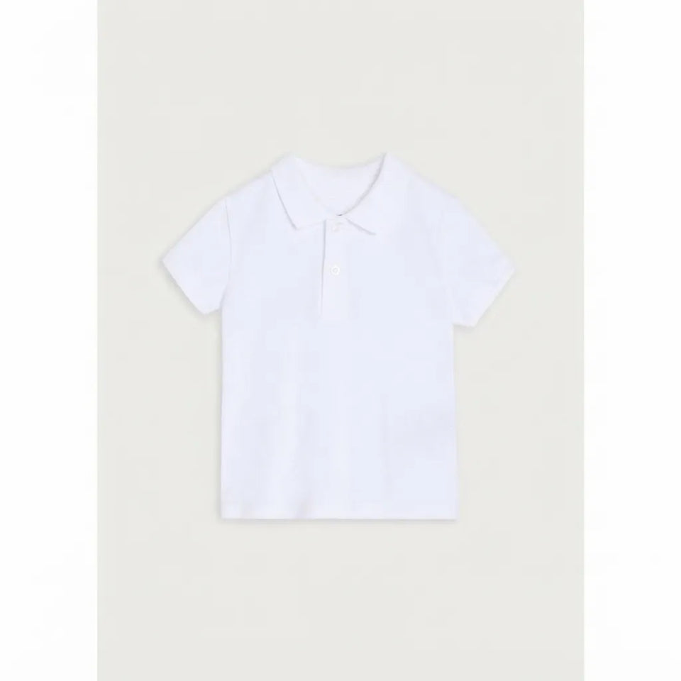 A white short-sleeve polo shirt with a classic collar and button placket, laid flat against a light beige background.