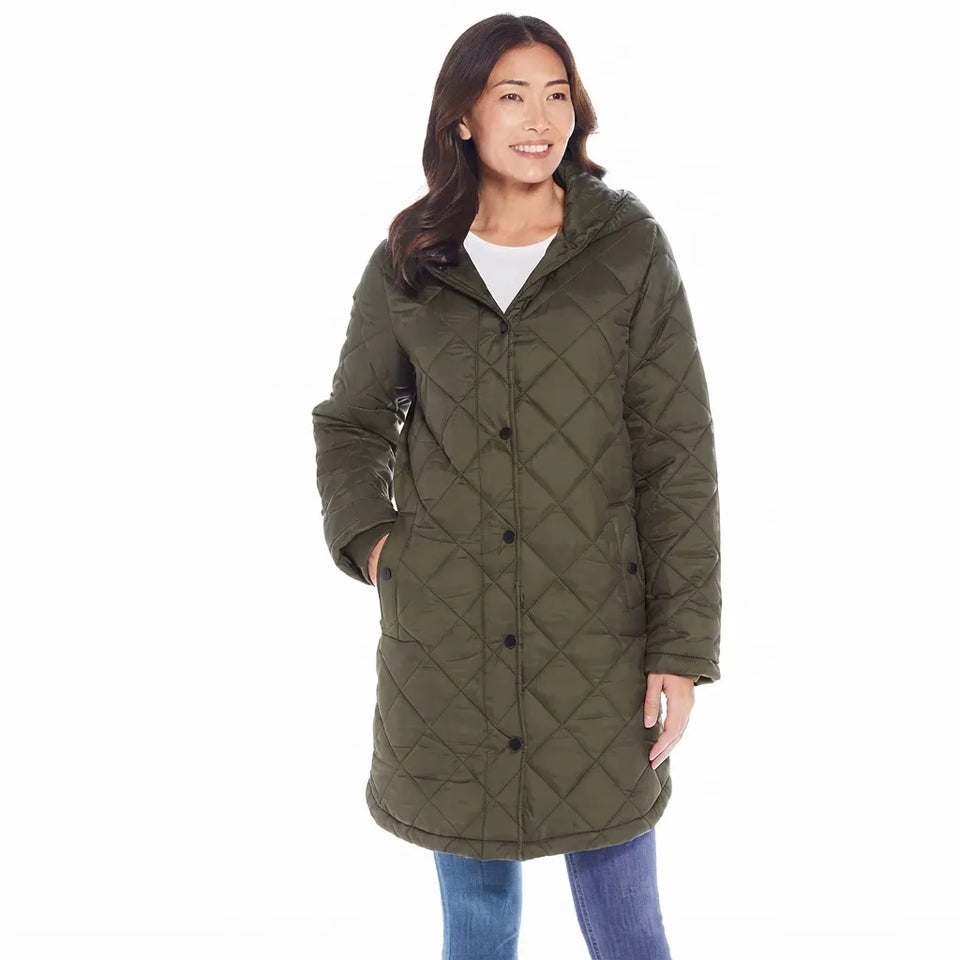 Weatherproof Women's Olive Green Hooded Diamond Quilted Coat