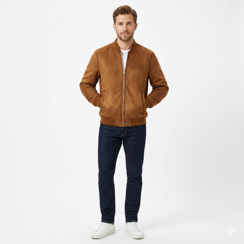 Man wearing a brown jacket, white shirt, dark jeans, and white sneakers on a white background