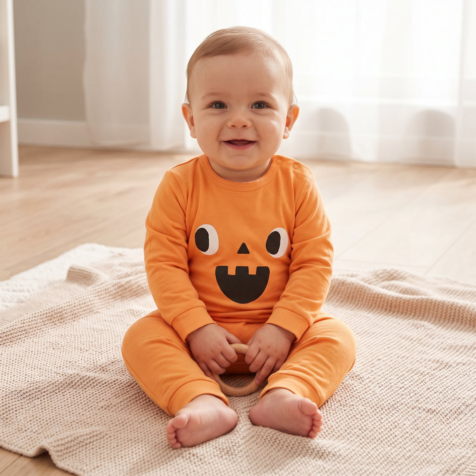 A baby sitting on a textured cream blanket in a bright room, wearing an orange long-sleeve pajama set with a black and white jack-o'-lantern face graphic.