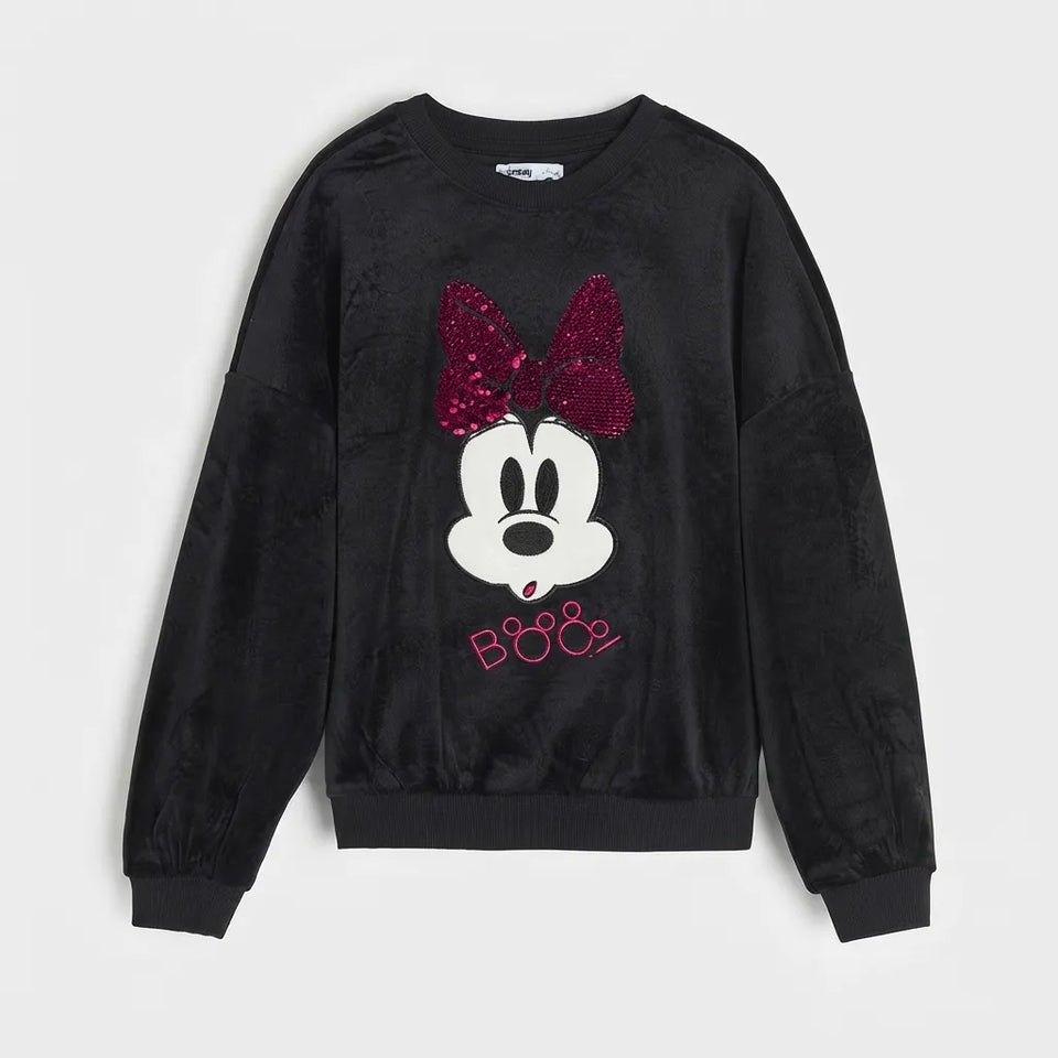 A black crewneck sweatshirt featuring a sequined Minnie Mouse face graphic on the front, with a sparkling pink bow and 'Boo' text below, displayed against a light gray background.