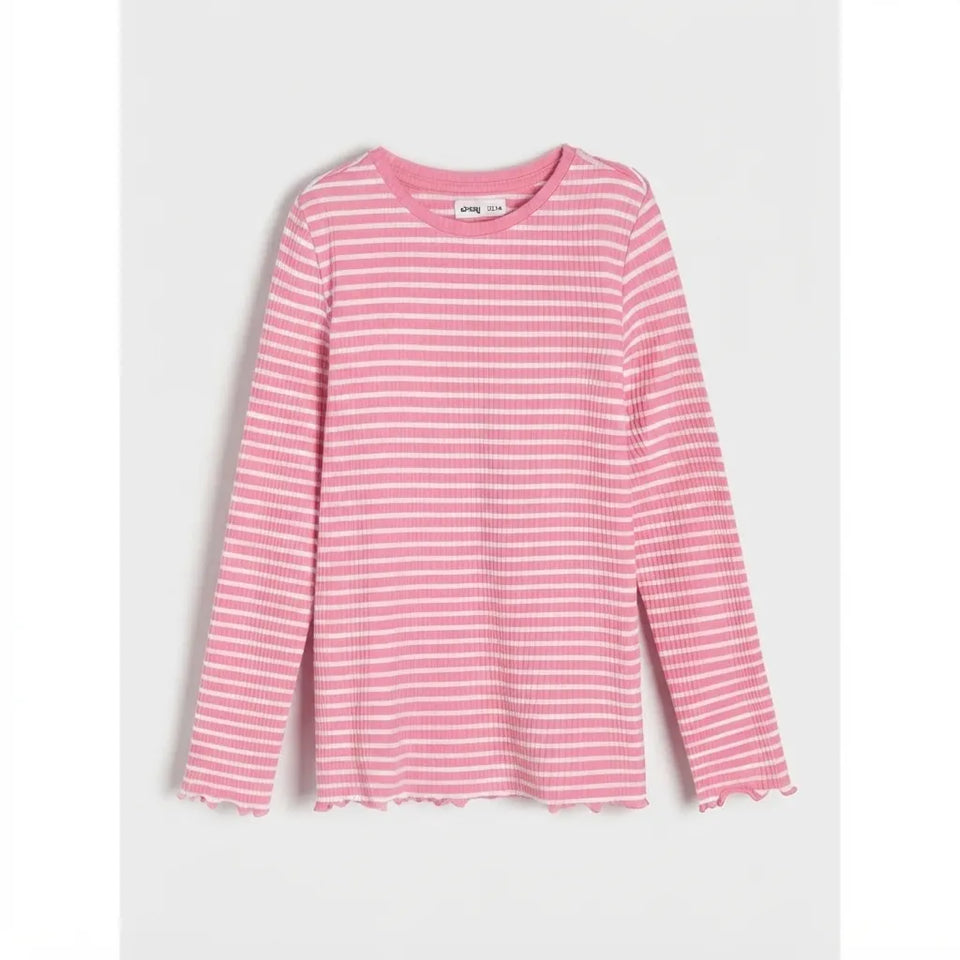 A pink and white horizontally striped long-sleeve top with a raw, frayed hem, displayed flat against a light gray background.