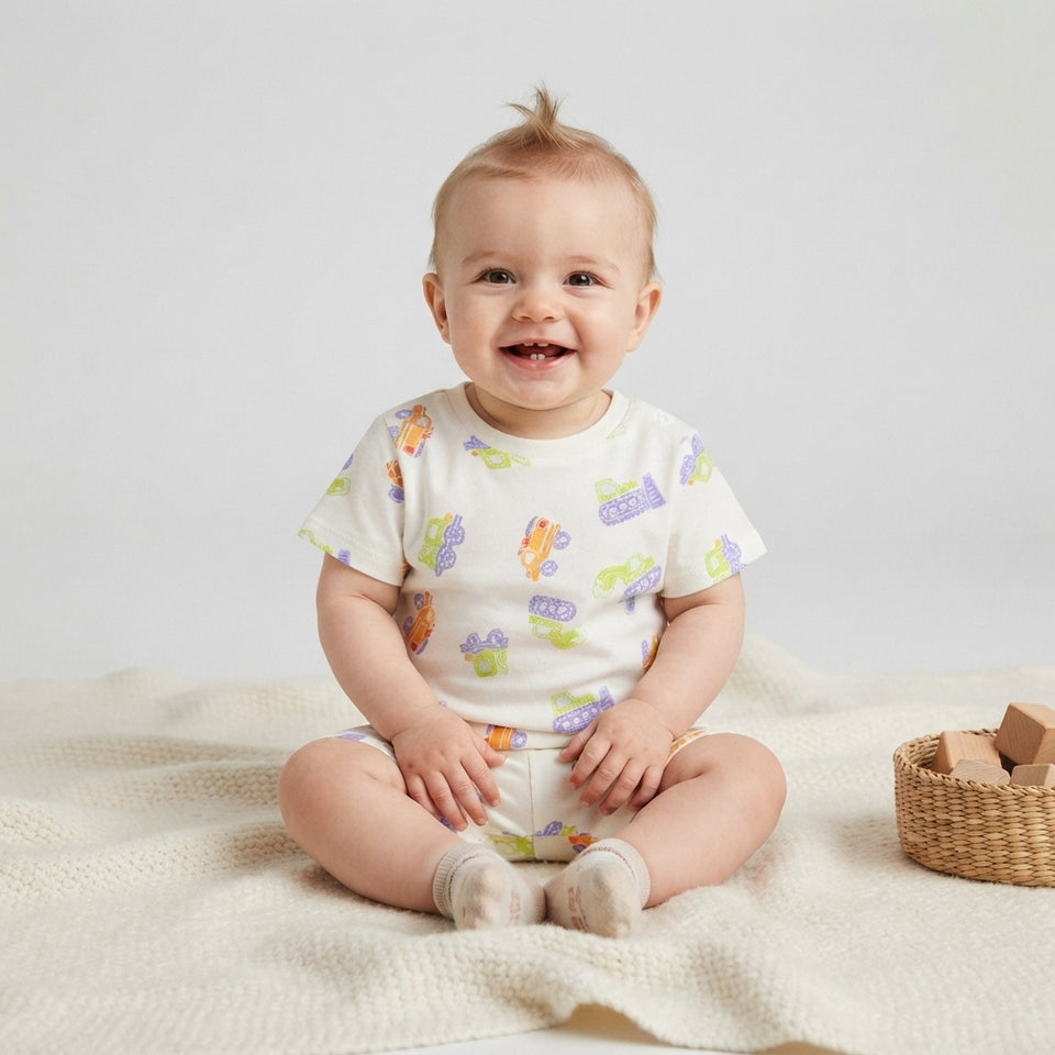 Sinsay Baby Boy's White Construction Vehicle Print Short Pajama Set