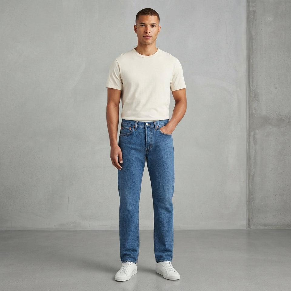 A man wearing a cream t-shirt, blue jeans, and white sneakers stands against a textured gray concrete wall.