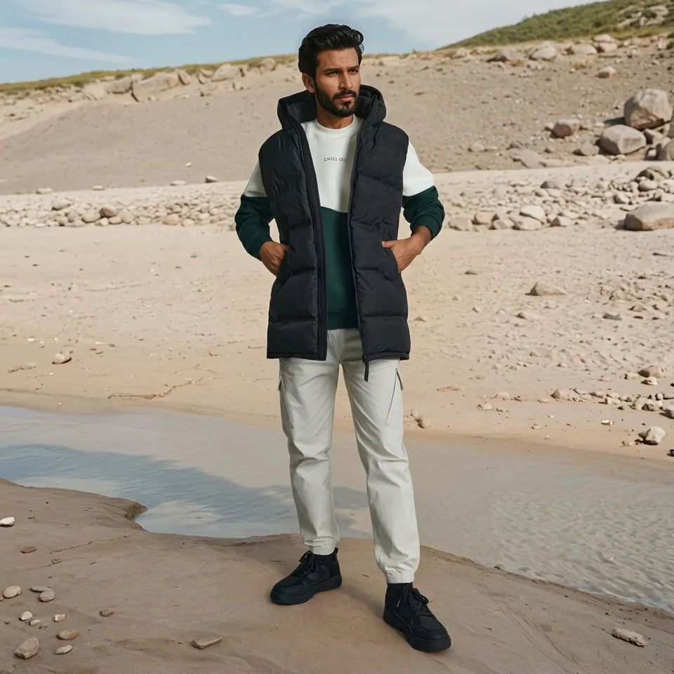 A man stands on a sandy beach wearing a black puffer vest over a white and dark green long-sleeve shirt, off-white pants, and black sneakers.