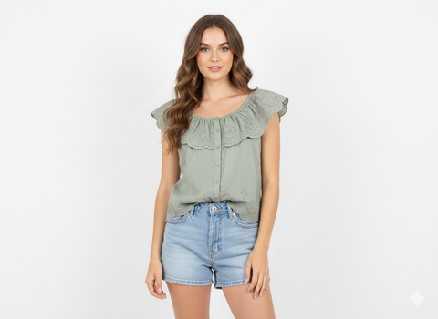 Flutter Heart Women’s Sage Green Eyelet Lace Button-Down Top | Flutter Heart in Lebanon