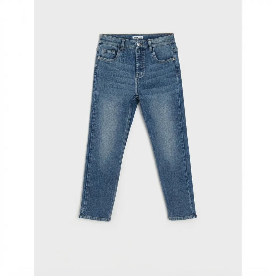 A pair of medium-wash blue denim jeans with a straight-leg fit, shown flat against a light gray background.