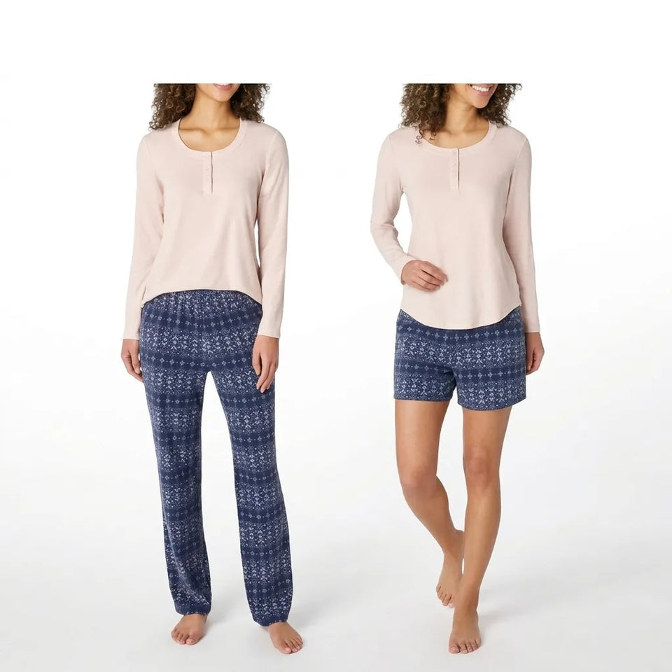 Eddie Bauer Women's Pink Long Sleeve Henley Shorts And Pants 3 Piece Waffle Fleece Sleep Pajama Set