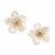 A pair of flower-shaped stud earrings with iridescent cream pearl-like petals, gold-tone metal accents, and a clear faceted crystal in the center, shown on a plain white background.