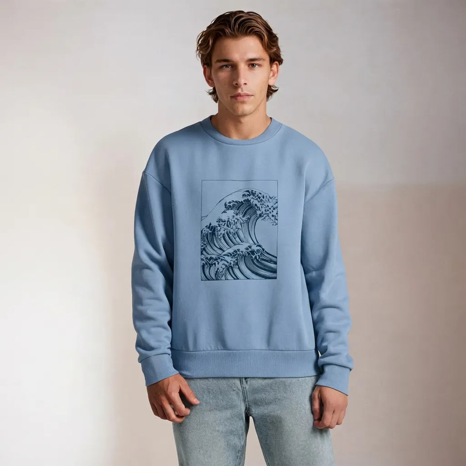 Sinsay Men's Light Blue Sea Waves Chest Printed Sweatshirt