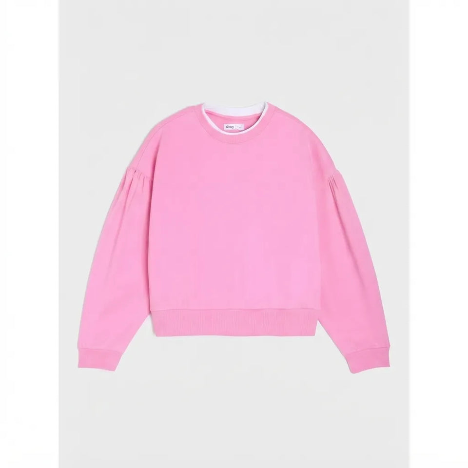 A pink crewneck sweatshirt with balloon sleeves, displayed flat against a light gray background.