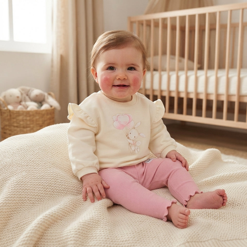 A baby sitting on a cream knit blanket in a nursery, wearing a cream long-sleeve top with a bunny graphic and pink pants.
