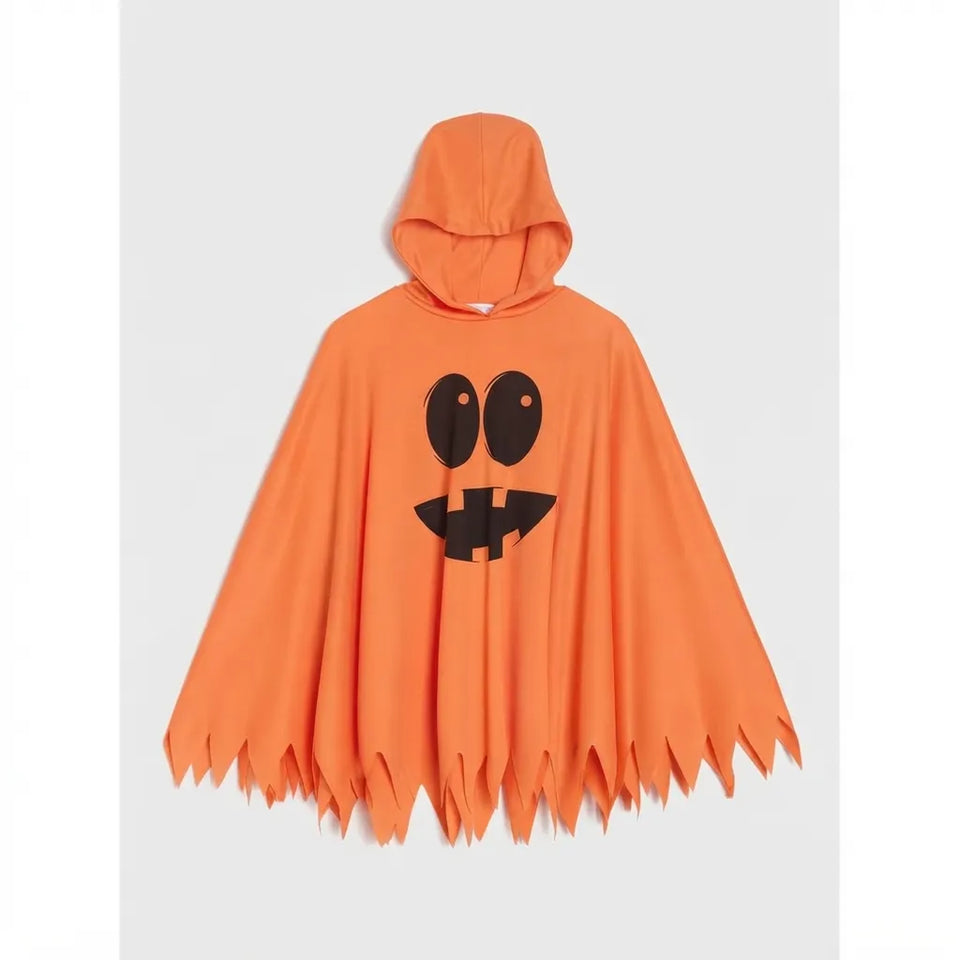An orange hooded cape costume with jagged edges and a black jack-o'-lantern face printed on the front, shown against a light gray background.