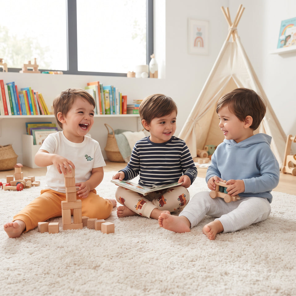 Three toddlers sitting on a white shag rug in a bright children's room, playing with wooden blocks, a book, and a small toy. A teepee, bookshelves, and toys are visible in the background.