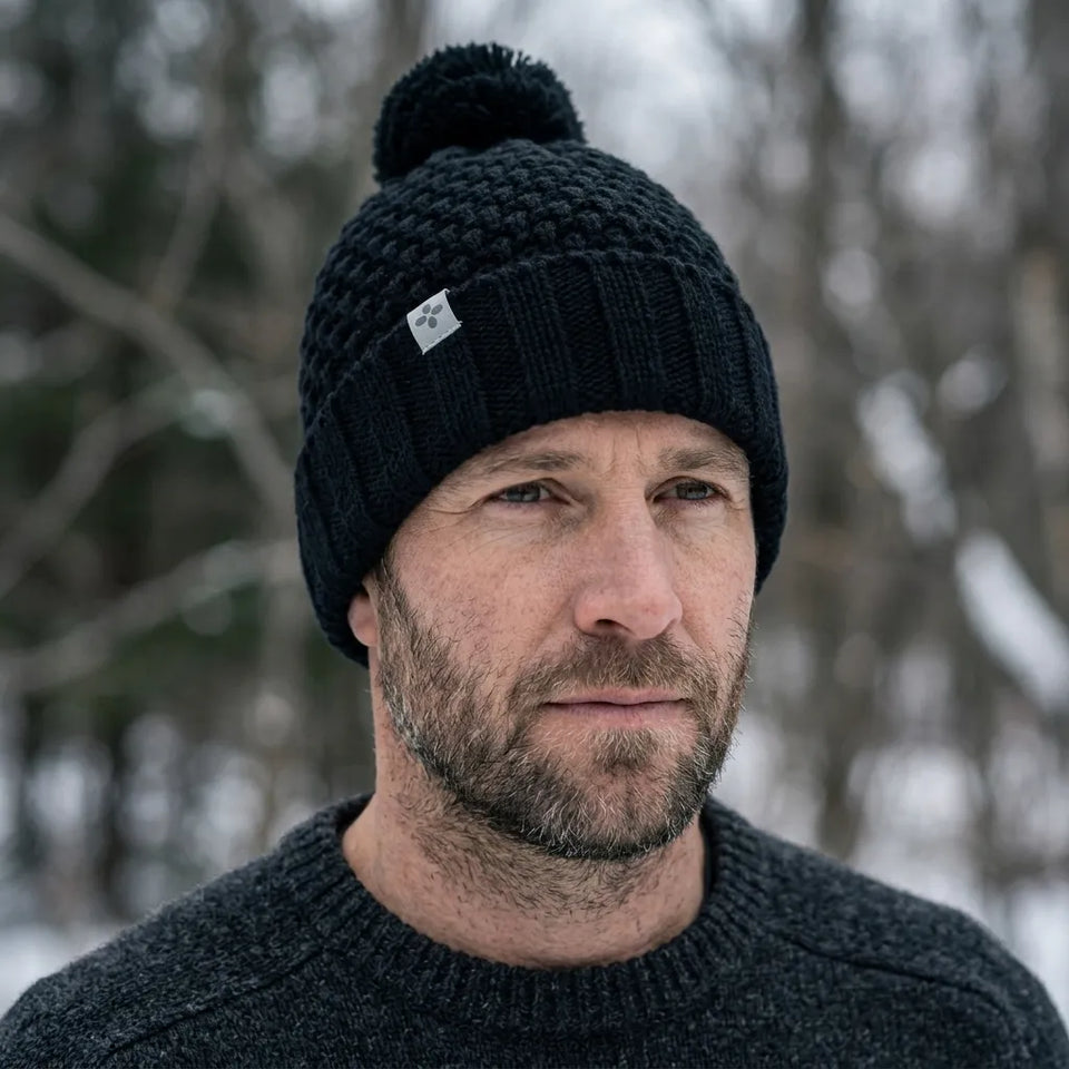 Sun + Stone Men's Black Textured-Knit Cuffed Pom-Pom Hat