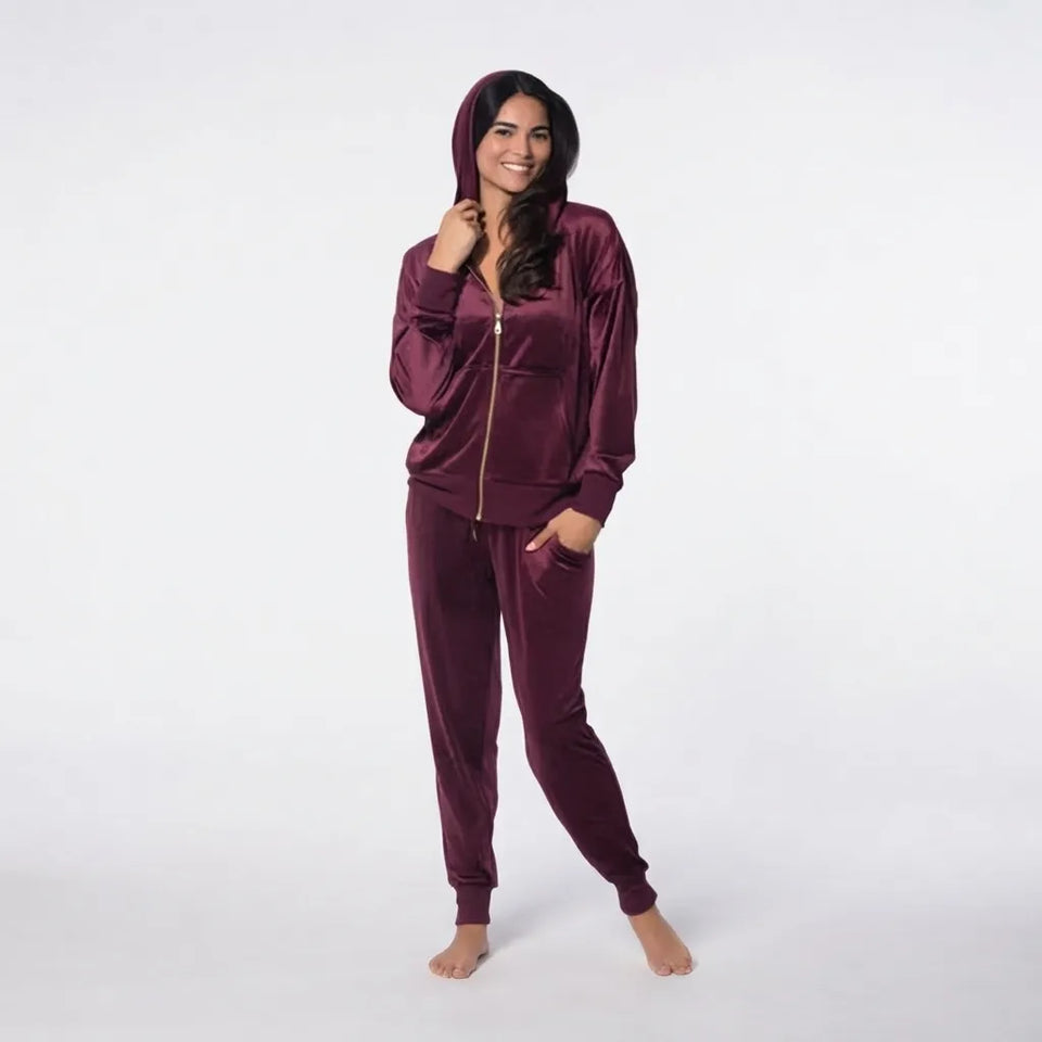 Felina Women's Burgundy Velour Zip Hooded Jacket