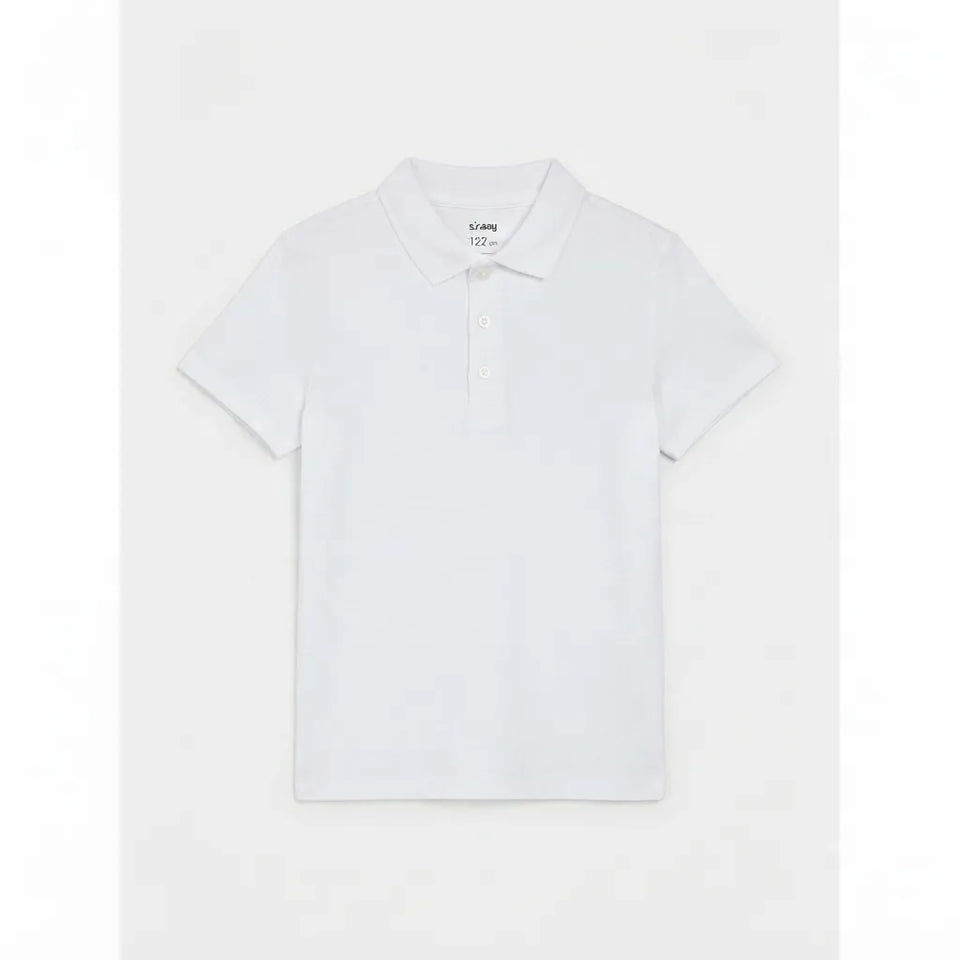 A white short-sleeve polo shirt with a classic collar and a three-button placket, displayed flat against a light gray background.