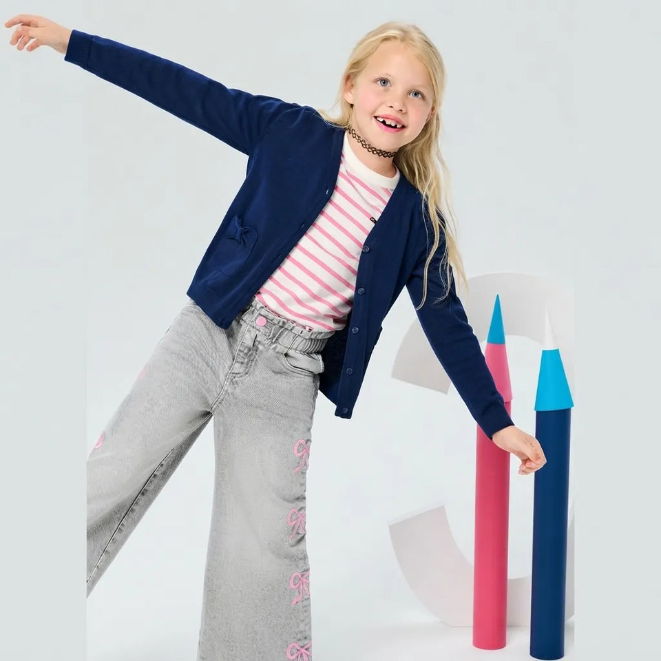 Sinsay Girl's Navy Classic Bow Patch Pocket Knitted Cardigan