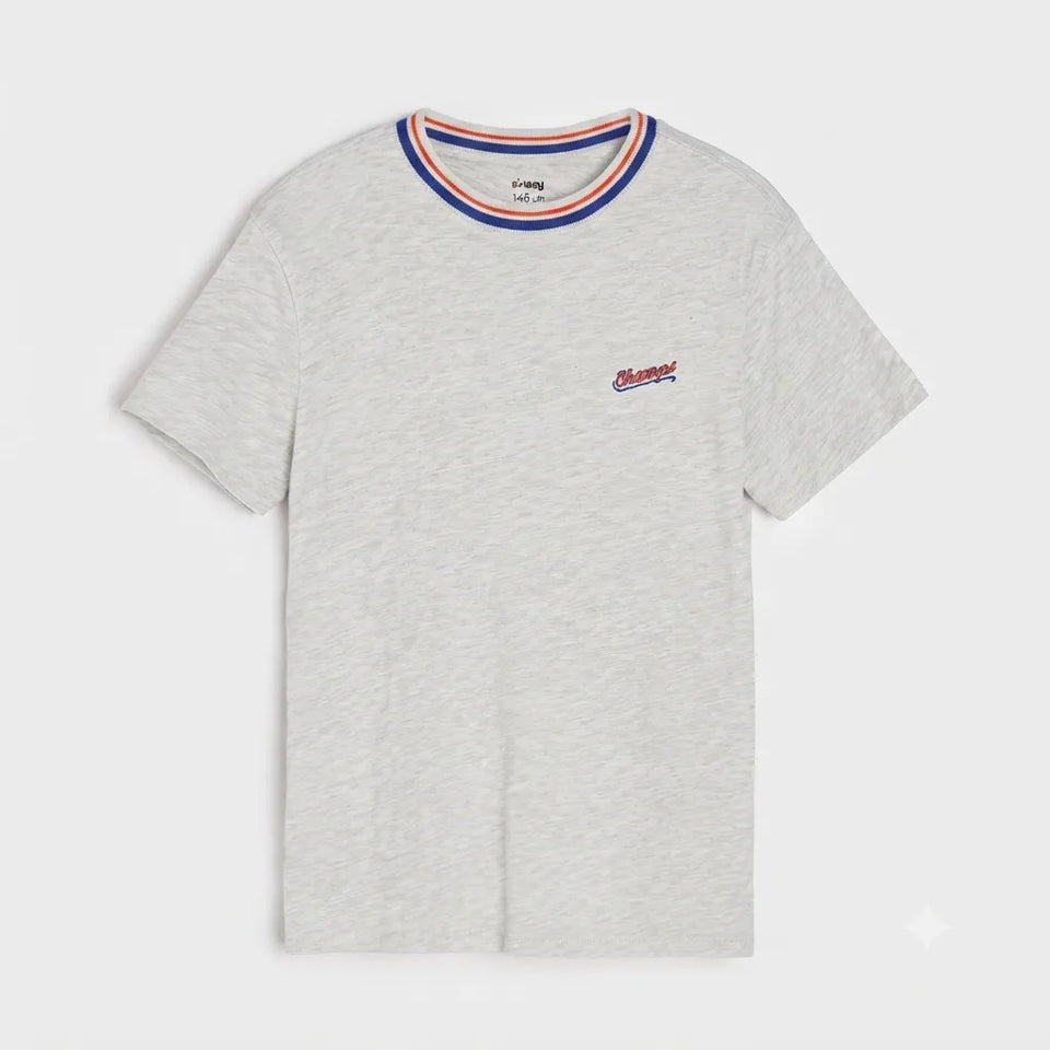 A light gray heather crewneck t-shirt with a striped collar in blue, red, and white, featuring a small red and blue embroidered logo on the left chest. The brand 'Jogger' is visible on the inner neck label.