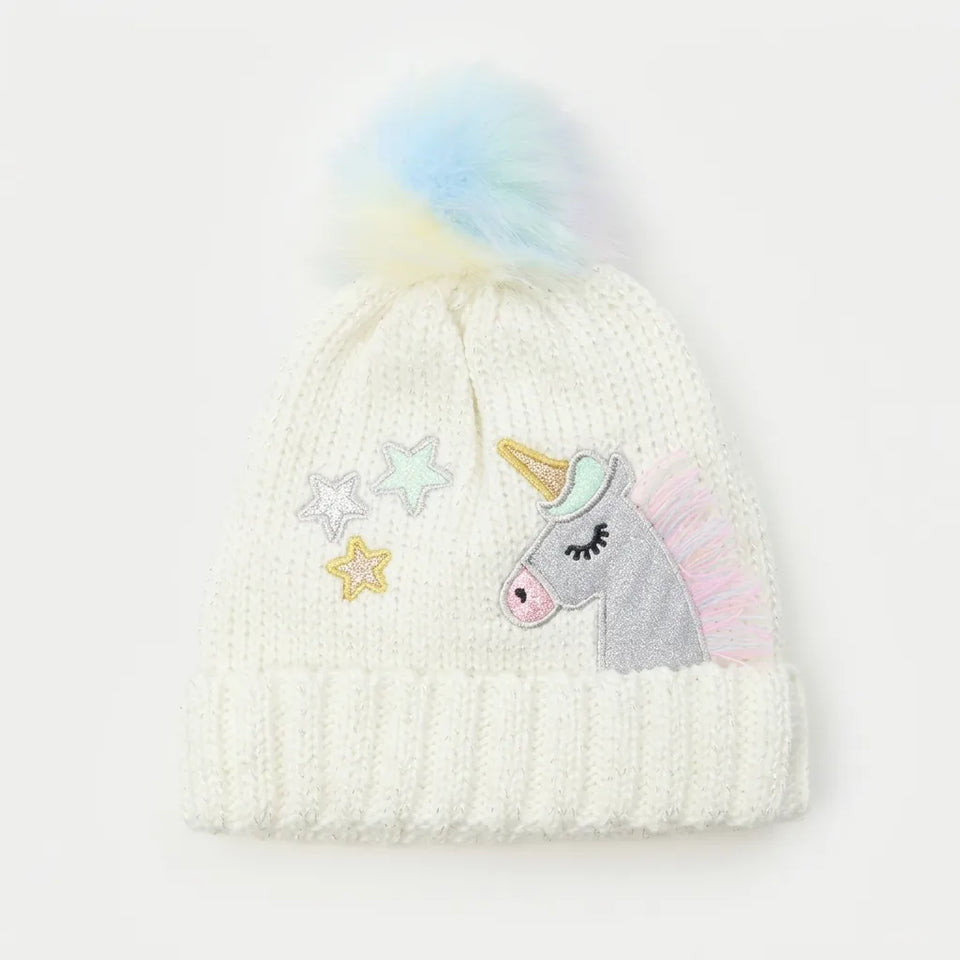 Sinsay Girl's Off White Unicorn Embroidered Beanie