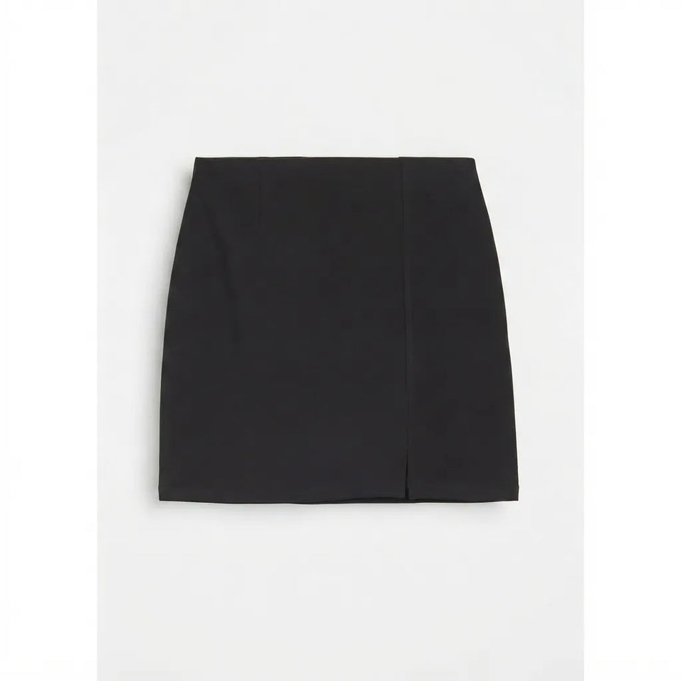 A black high-waisted mini skirt with a subtle center seam, shown flat against a light gray background.