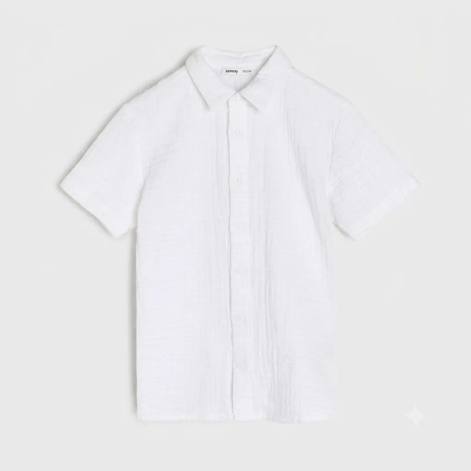 A white short-sleeve button-up shirt with a classic collar, laid flat against a light gray background.