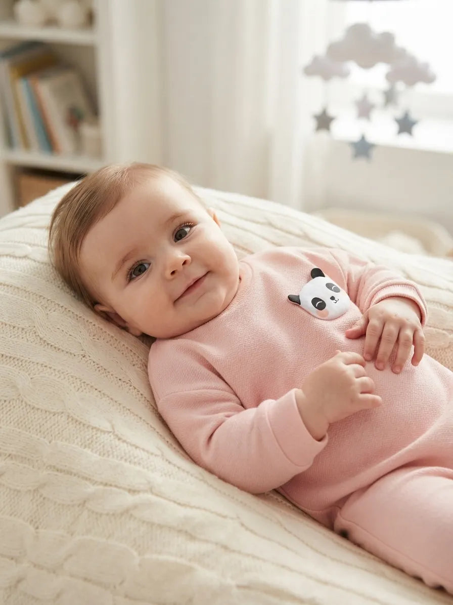 A baby lying on a cream-colored textured blanket in a softly lit nursery, wearing a light pink long-sleeve footed sleeper with a black and white panda face patch on the chest.