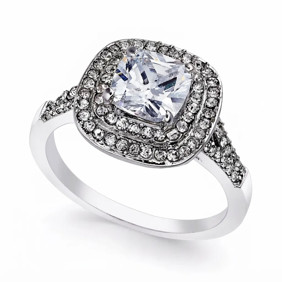 Charter Club Women's Silver Double Halo Crystal Center Ring