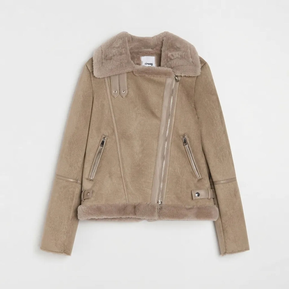 Sinsay Women's Beige Faux-Fur Aviator Jacket