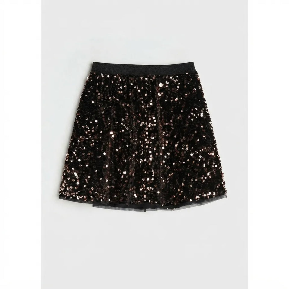 A black sequined mini skirt with a solid black waistband, displayed flat against a light gray background.