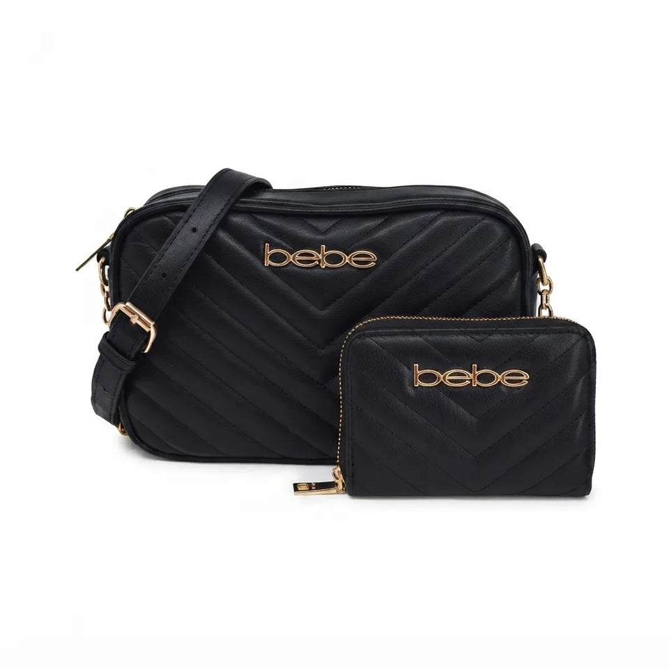 A black quilted crossbody bag with a matching zippered pouch, both featuring gold-tone 'bebe' branding and hardware, set against a plain white background.