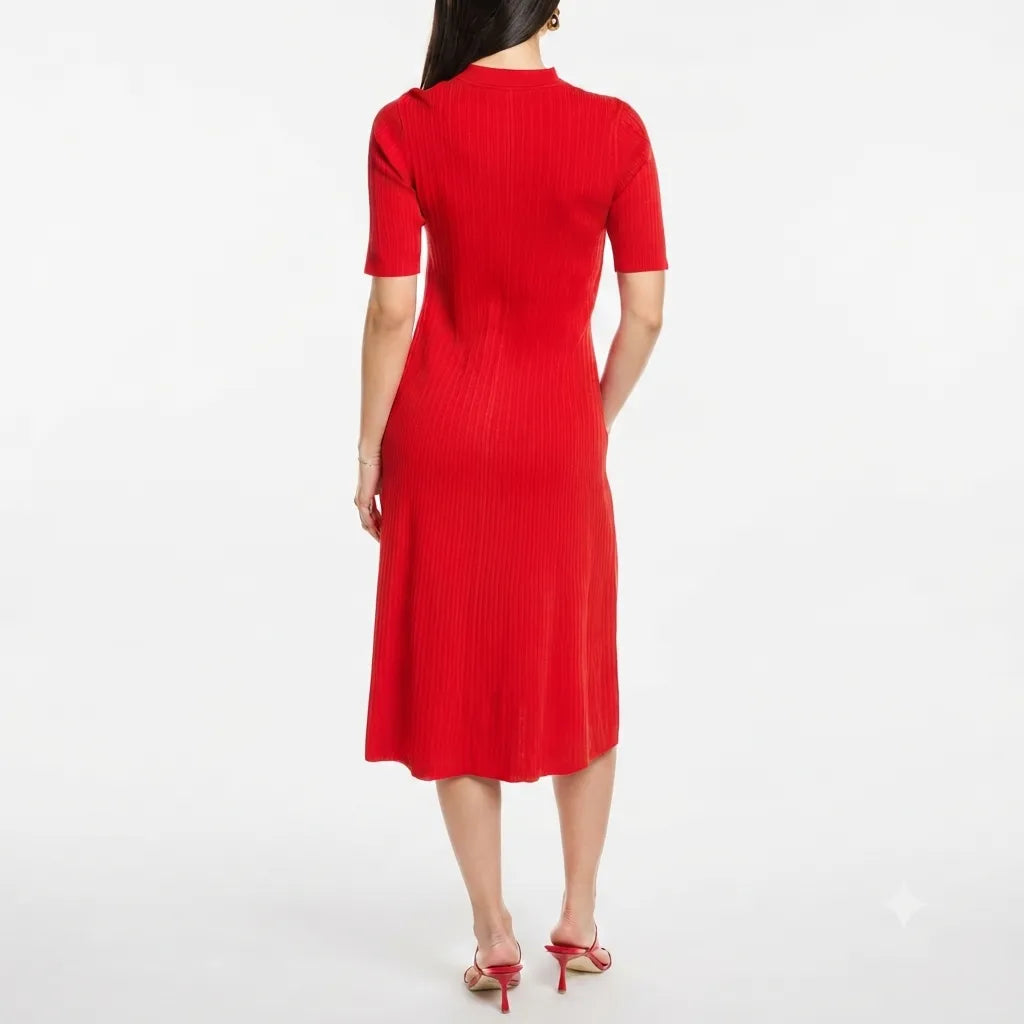 Anne Klein Women's Red Ribbed Button-Front A-Line Dress