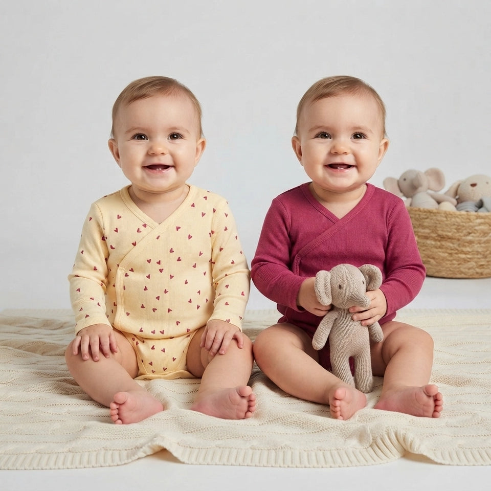 Two smiling babies sitting side by side on a cream knit blanket. The baby on the left wears a pale yellow long-sleeve wrap bodysuit with small red heart prints.