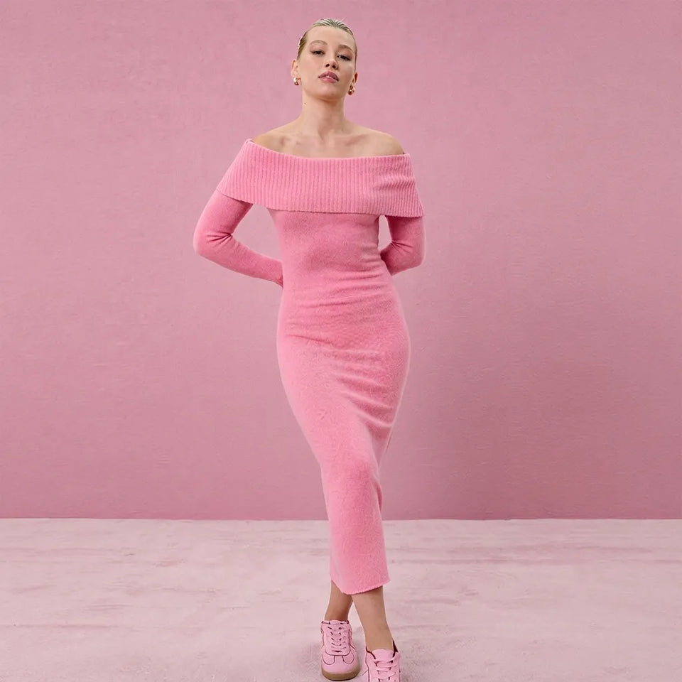 Sinsay Women's Pink Fold-Over Off-Shoulder Sweater Midi Dress