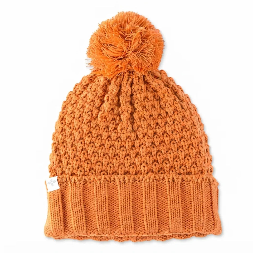 Sun + Stone Men's Orange Textured Knit Pom Pom Cuffed Beanie