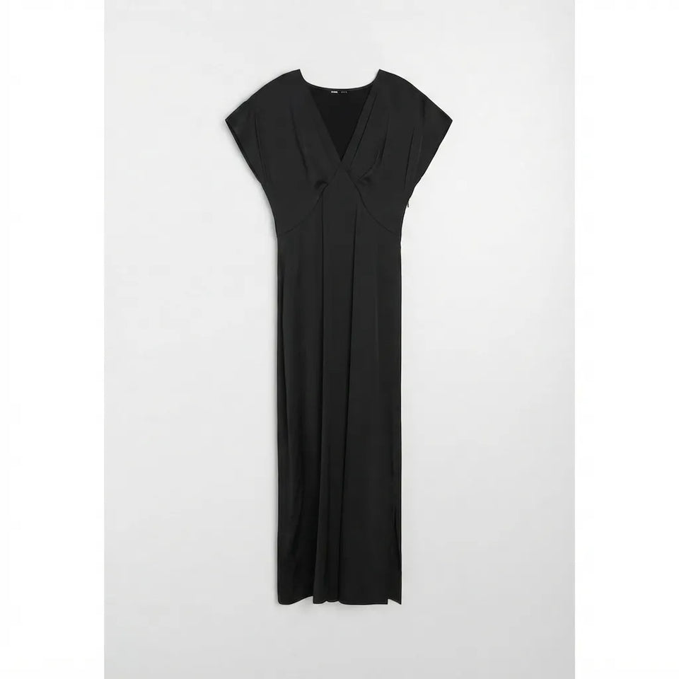 Sinsay Women’s Black Short Cap-Sleeve V-Neck Maxi Dress